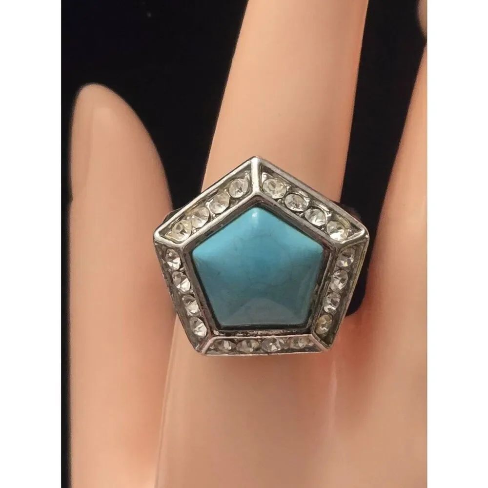 Women's Size 10 Silver Tone Faux Turquoise & Rhinestone Ring